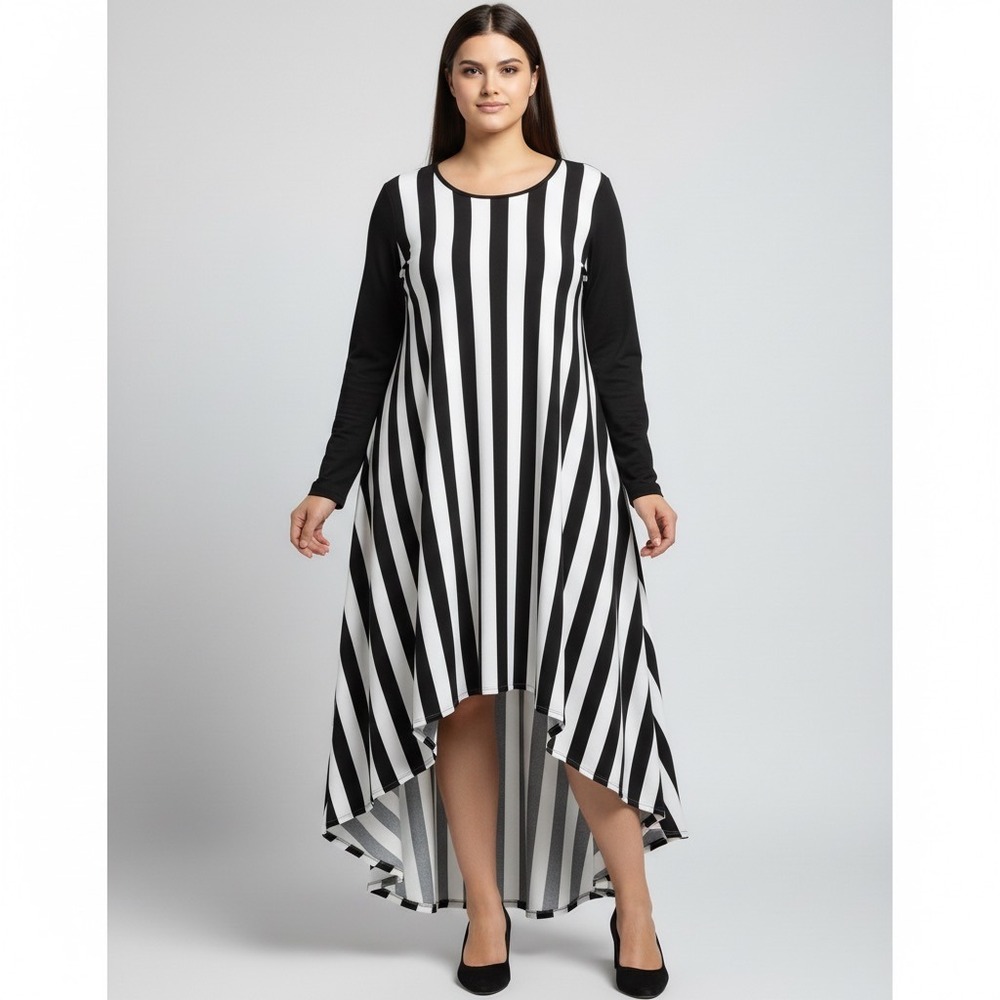 Serafina High Low Hem Dress Women Plus 2XL Black White Stripe Long Sleeve Church